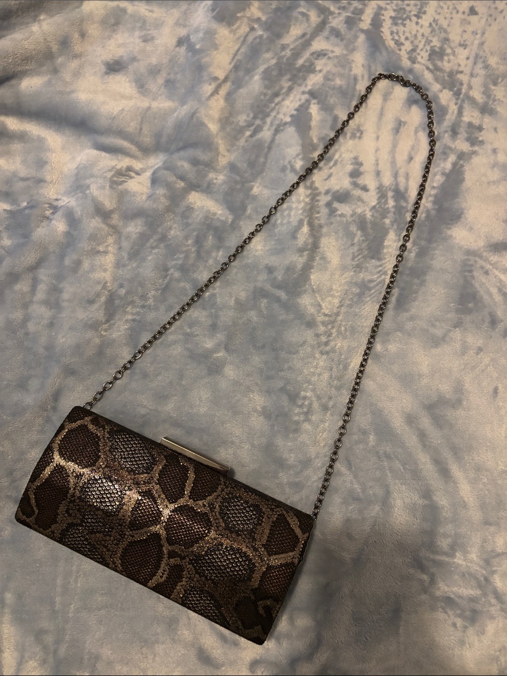 Chain Strap Snake-Print Clutch in Brown